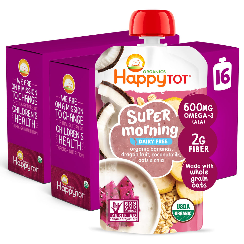 HAPPYTOT Stage 4 pouch with banana and dragon fruit for breakfast on the go