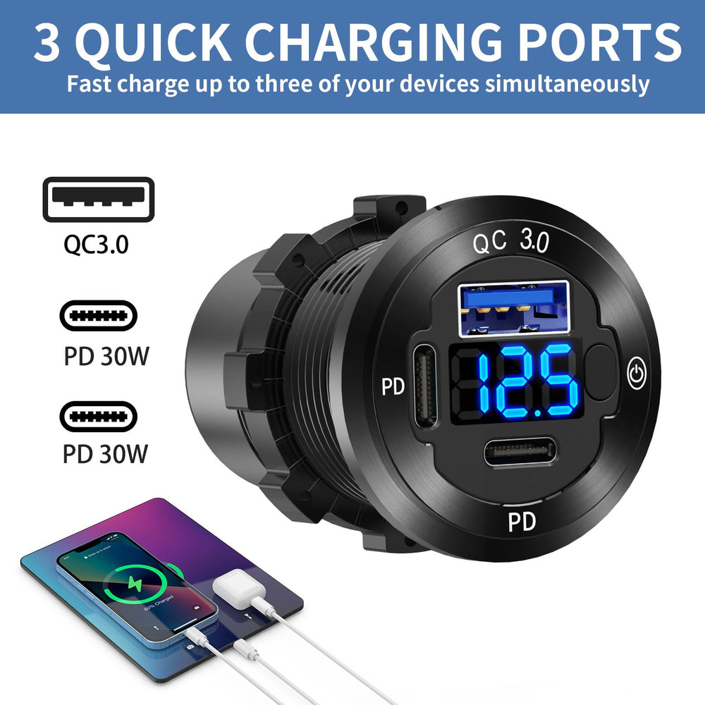 Hapytrip 3-port USB-C port back view highlights three high-speed charging ports.