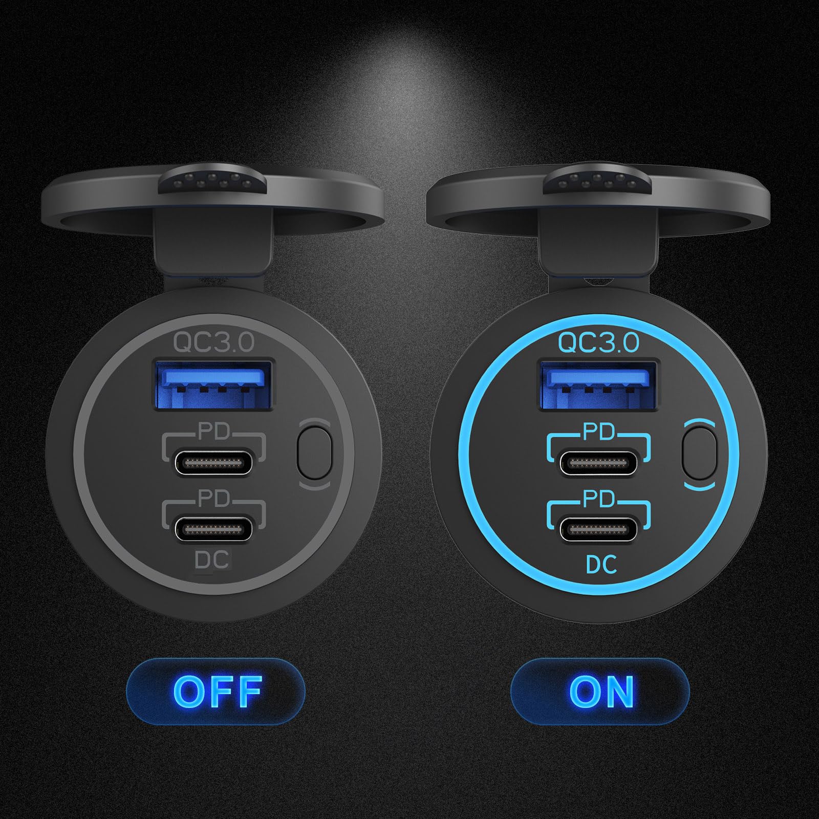 Hapytrip blue LED switch helps locate ports in the dark.