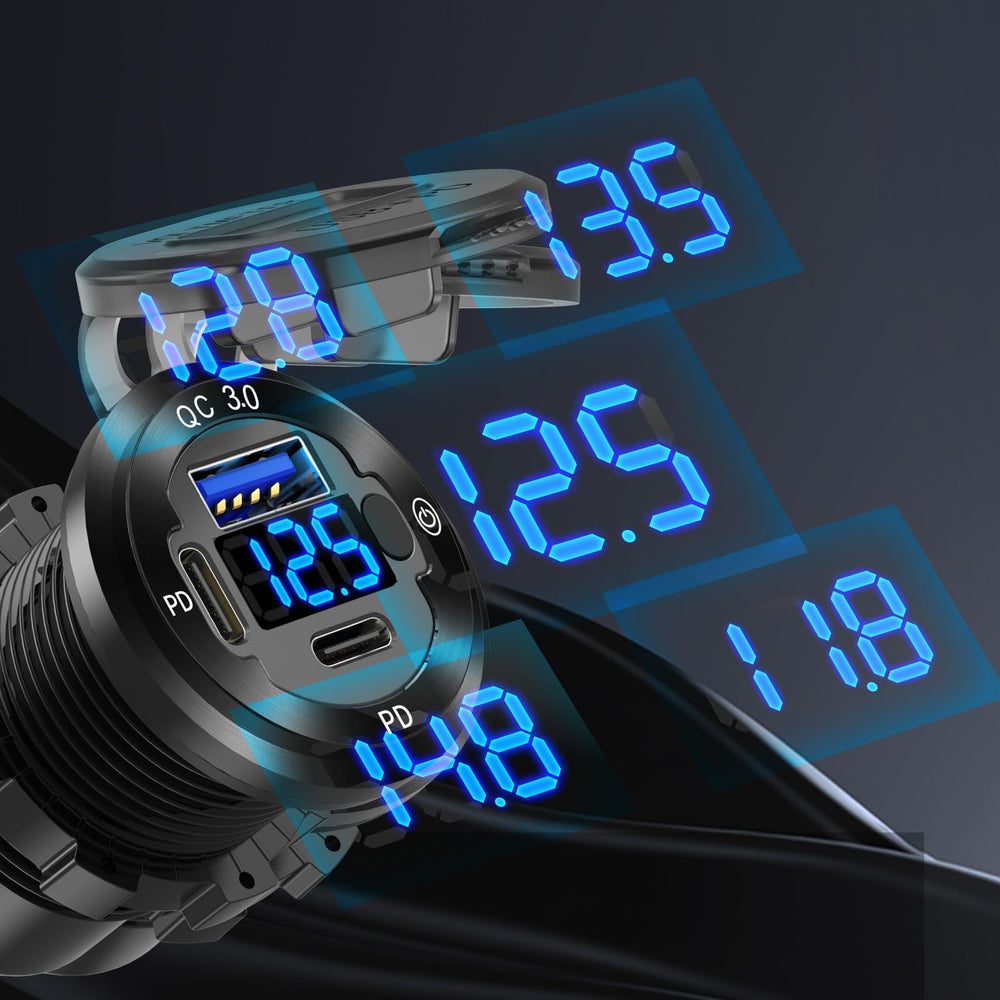Hapytrip blue LED voltmeter display provides real-time battery monitoring.