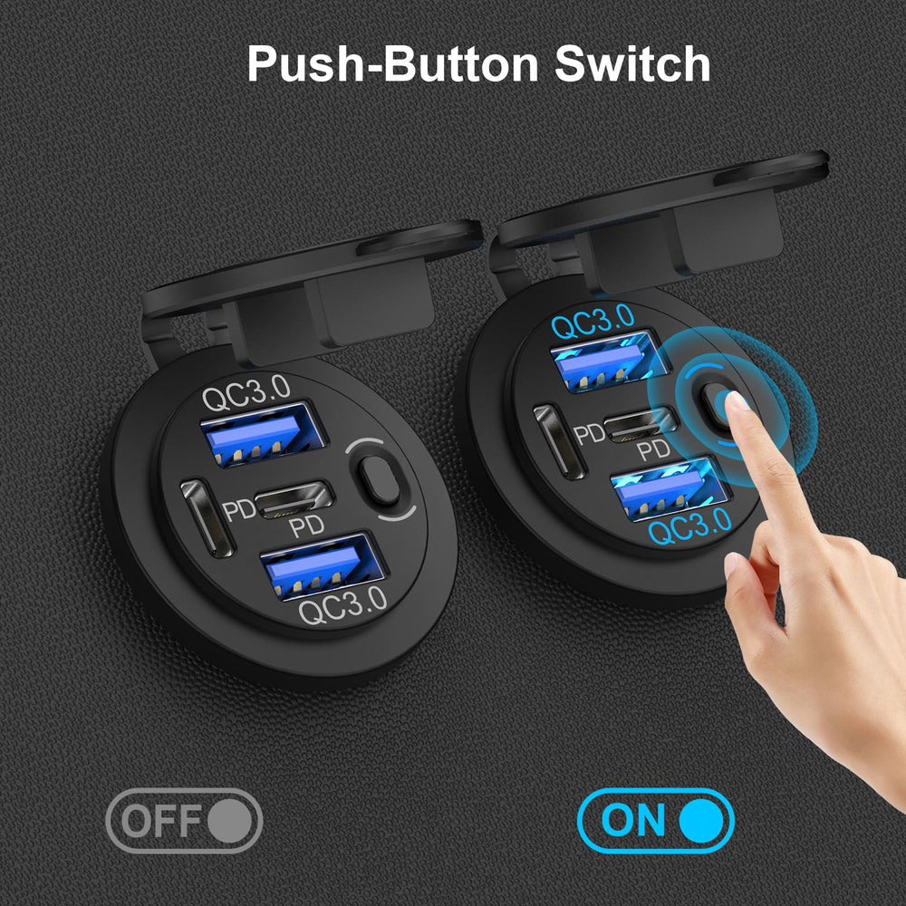 Hapytrip push-button power switch saves battery by turning off unused ports.