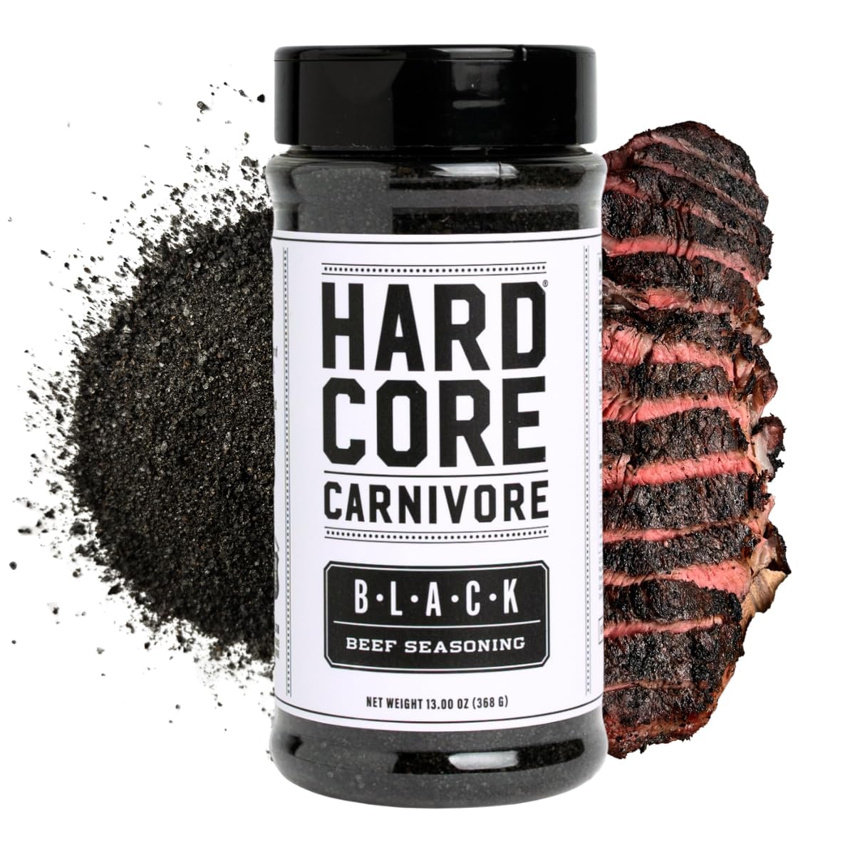 Hardcore Carnivore Black bottle front view for bold charcoal seasoning on steaks.