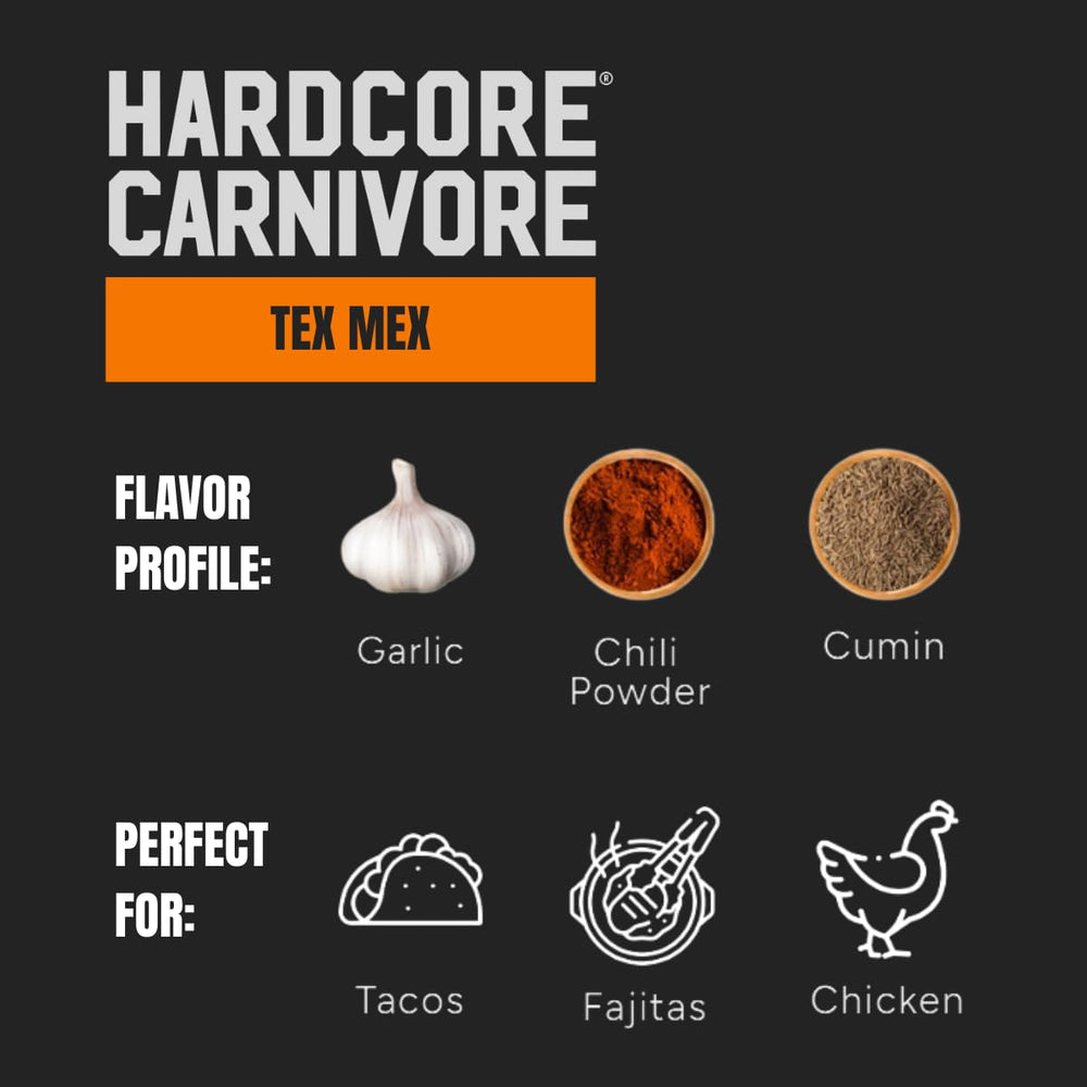 Hardcore Carnivore Tex Mex fajita seasoning bottle ready for sizzling fajitas.