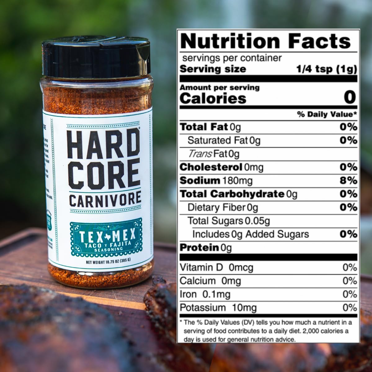 Hardcore Carnivore Tex Mex label closeup highlights gluten-free, no MSG benefits.