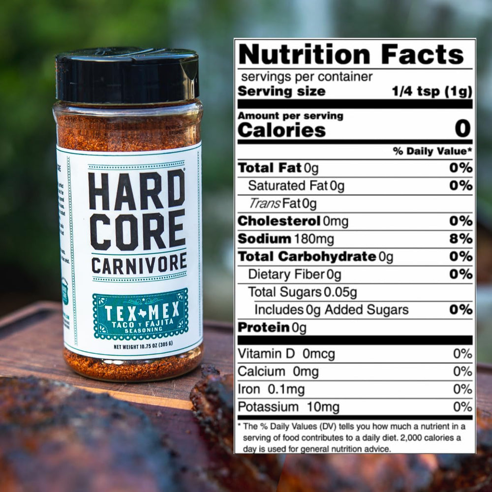 Hardcore Carnivore Tex Mex label closeup highlights gluten-free, no MSG benefits.