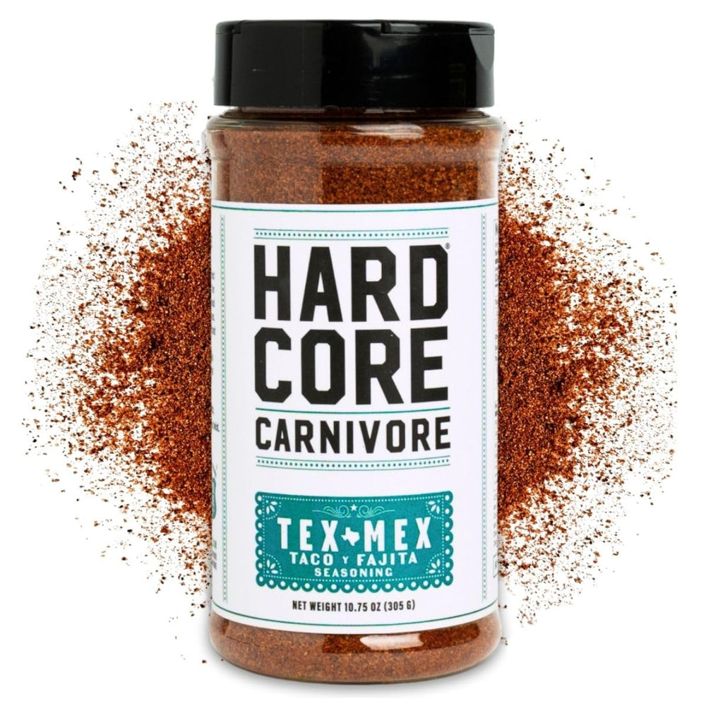Hardcore Carnivore Tex Mex taco seasoning jar boosts beef flavor for tacos.