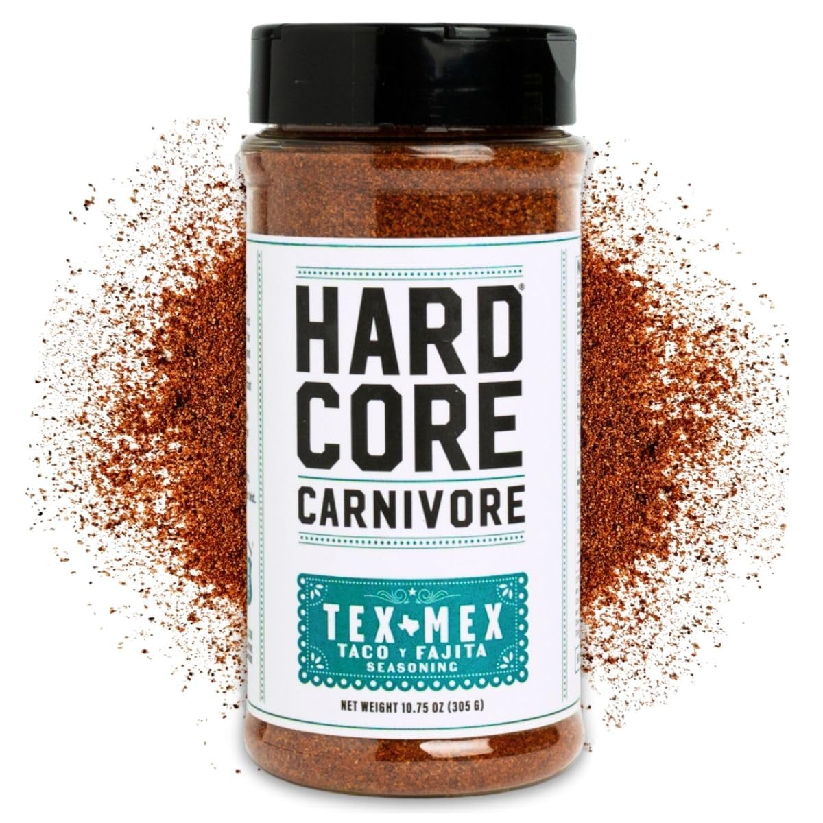 Hardcore Carnivore Tex Mex taco seasoning jar boosts beef flavor for tacos.