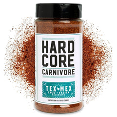 Hardcore Carnivore Tex Mex taco seasoning jar boosts beef flavor for tacos.