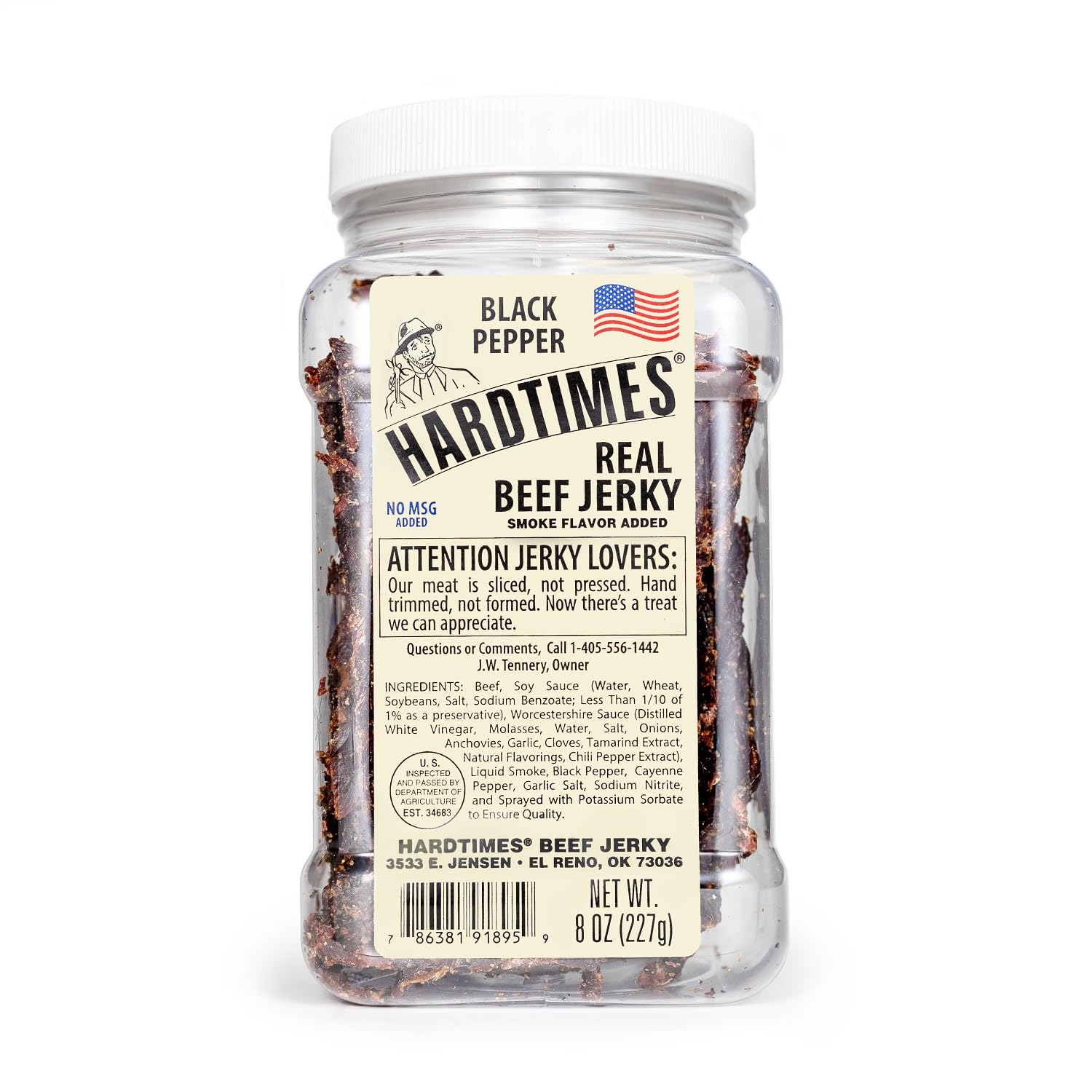 Hardtimes Beef Jerky Black Pepper Jar Closeup — bold spice for a quick snack.