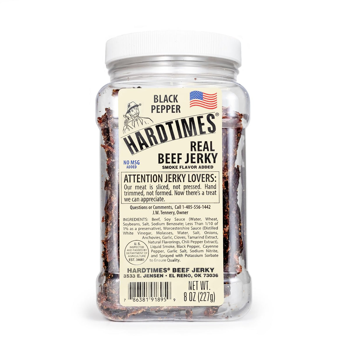Hardtimes Beef Jerky Black Pepper Jar Closeup — bold spice for a quick snack.