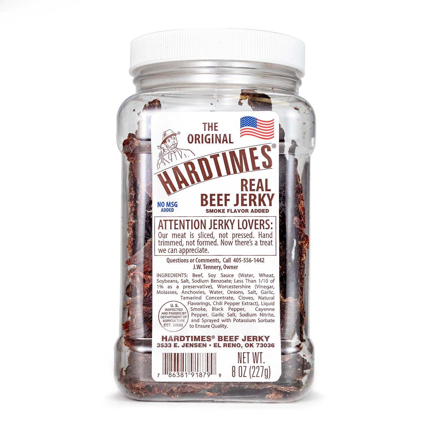 Hardtimes Original Jerky jar label shows classic flavor, portable protein.