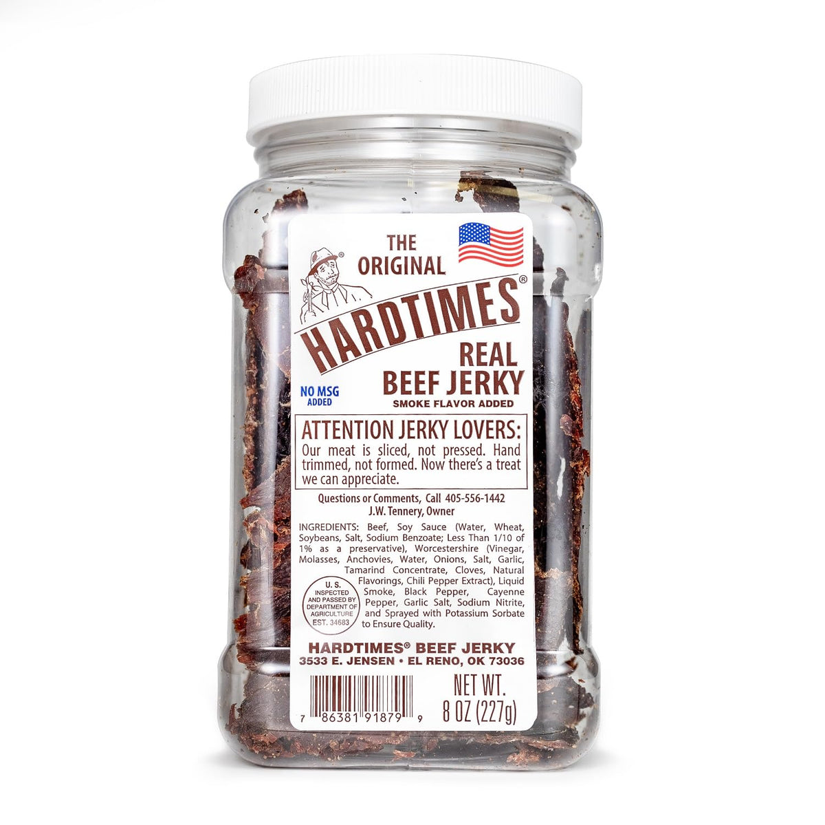 Hardtimes Original Jerky jar label shows classic flavor, portable protein.