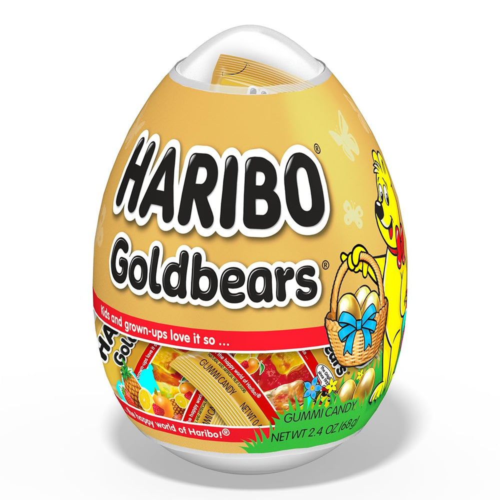 HARIBO Easter Egg with Goldbear gummies, festive packaging, perfect for Easter baskets.