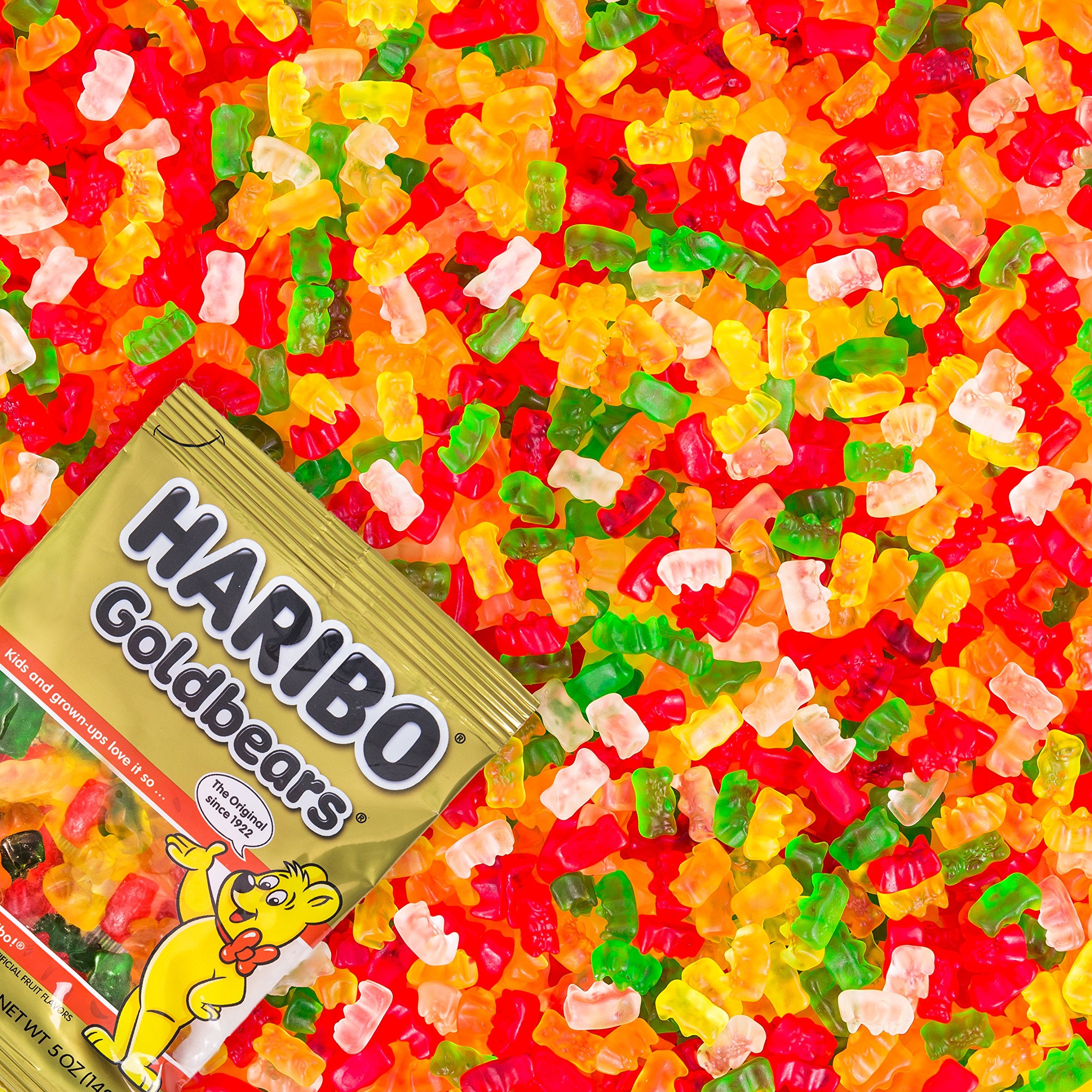 Haribo Goldbears original 10 oz bag, side view, colorful variety on display.