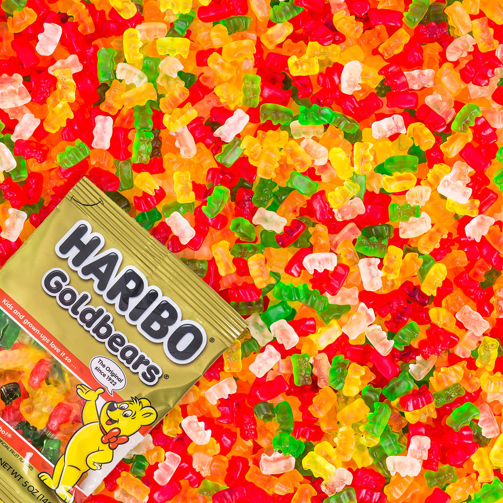 Haribo Goldbears original 10 oz bag, side view, colorful variety on display.