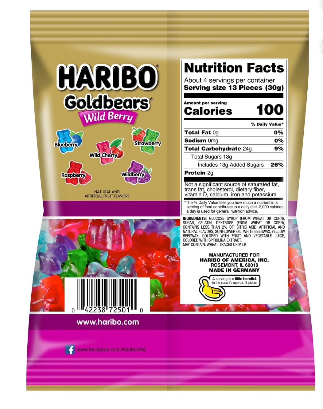 Close-up of HARIBO Goldbears Wild Berry gummies, perfect for a quick mood-boosting snack
