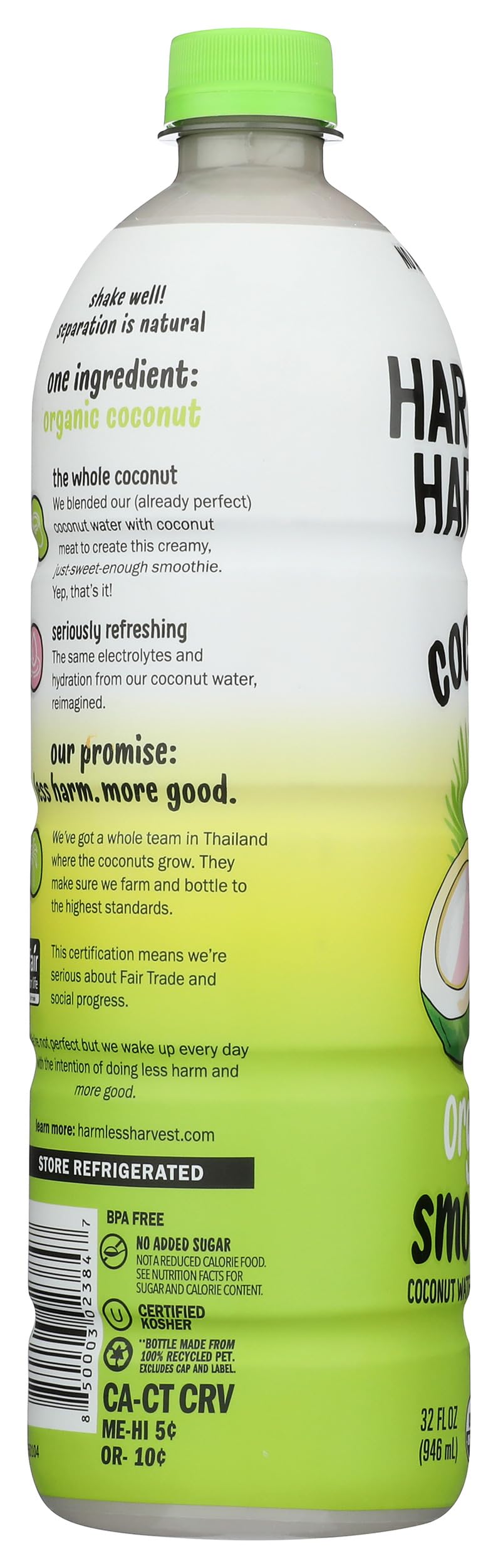 Harmless Harvest chilled smoothie in glass with straw for a refreshing sip.