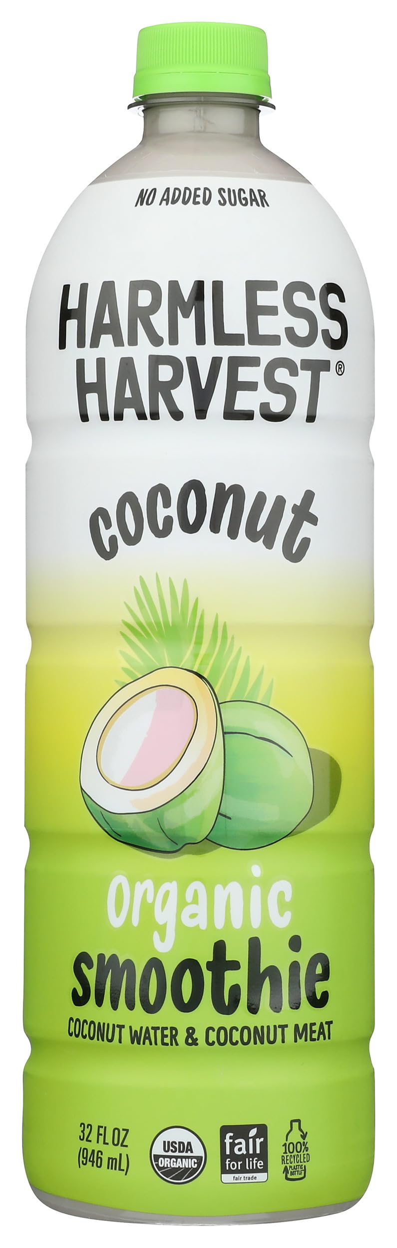 Harmless Harvest coconut smoothie original bottle shows creamy texture for easy sipping.