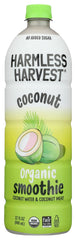 Harmless Harvest coconut smoothie original bottle shows creamy texture for easy sipping.