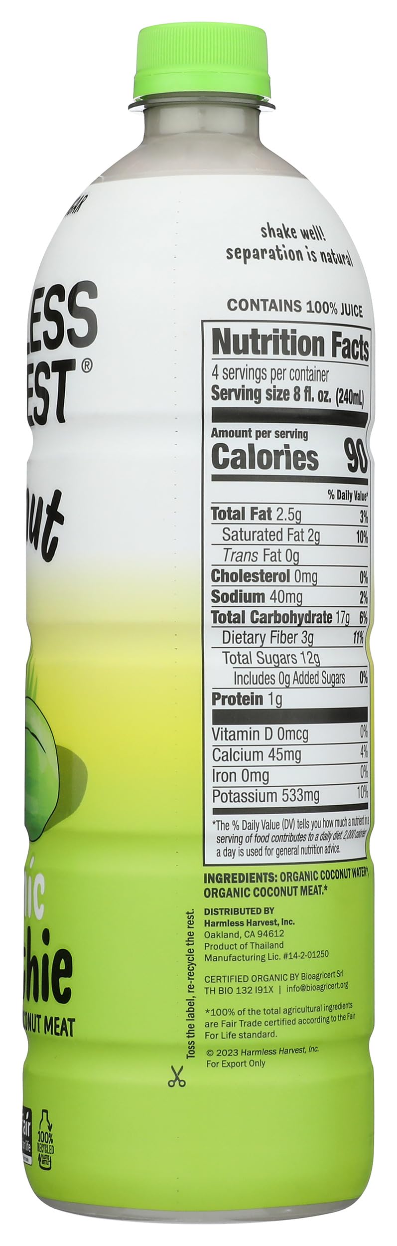 Harmless Harvest eco-packaging highlights sustainable carton and recyclable materials.