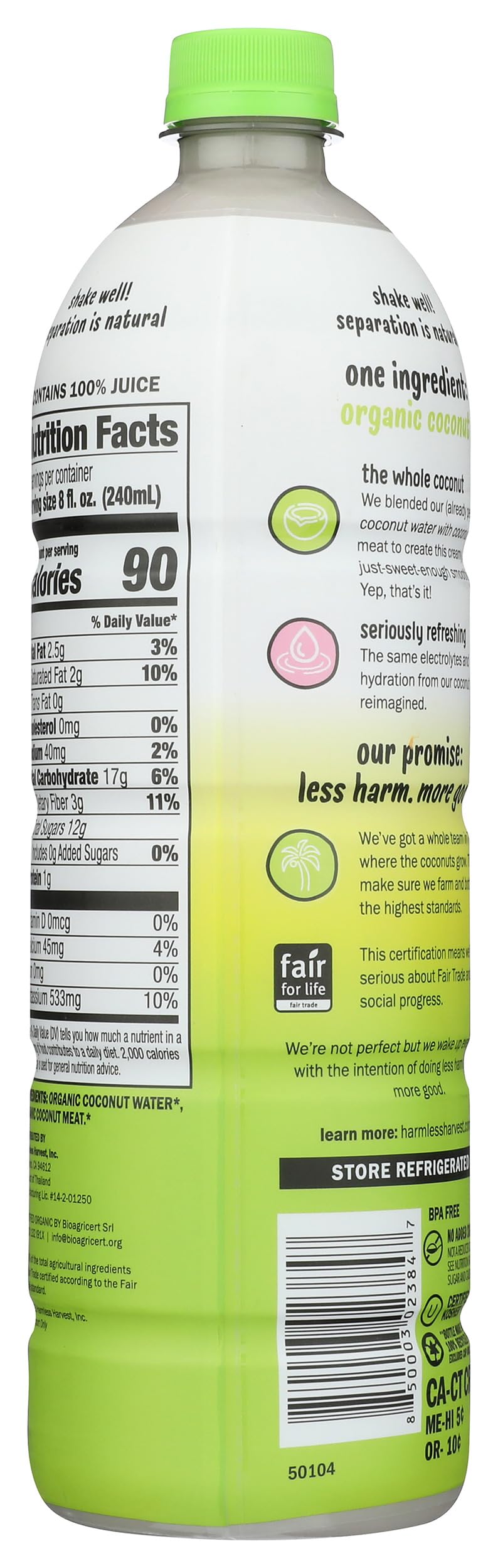 Harmless Harvest no added sugar badge signals natural sweetness without extra sugars.