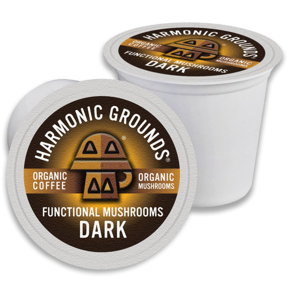 Harmonic Grounds dark roast mushroom coffee pods ready for quick Keurig mornings.