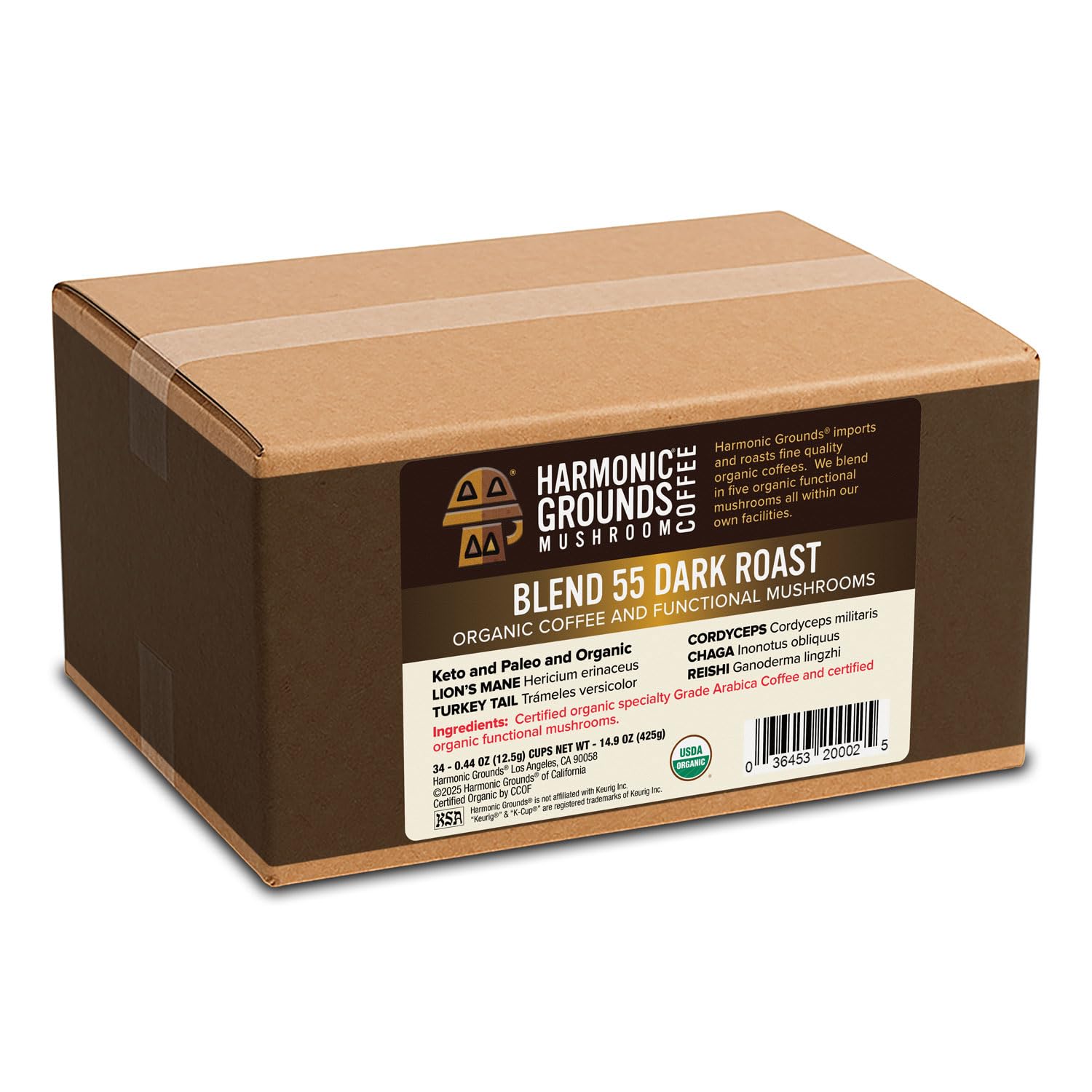 Harmonic Grounds organic mushroom coffee pods with Lion's Mane and Reishi boost focus.