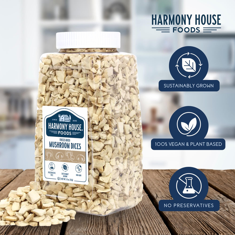 Close-up of Harmony House mushroom dices showing crisp freeze-dried texture