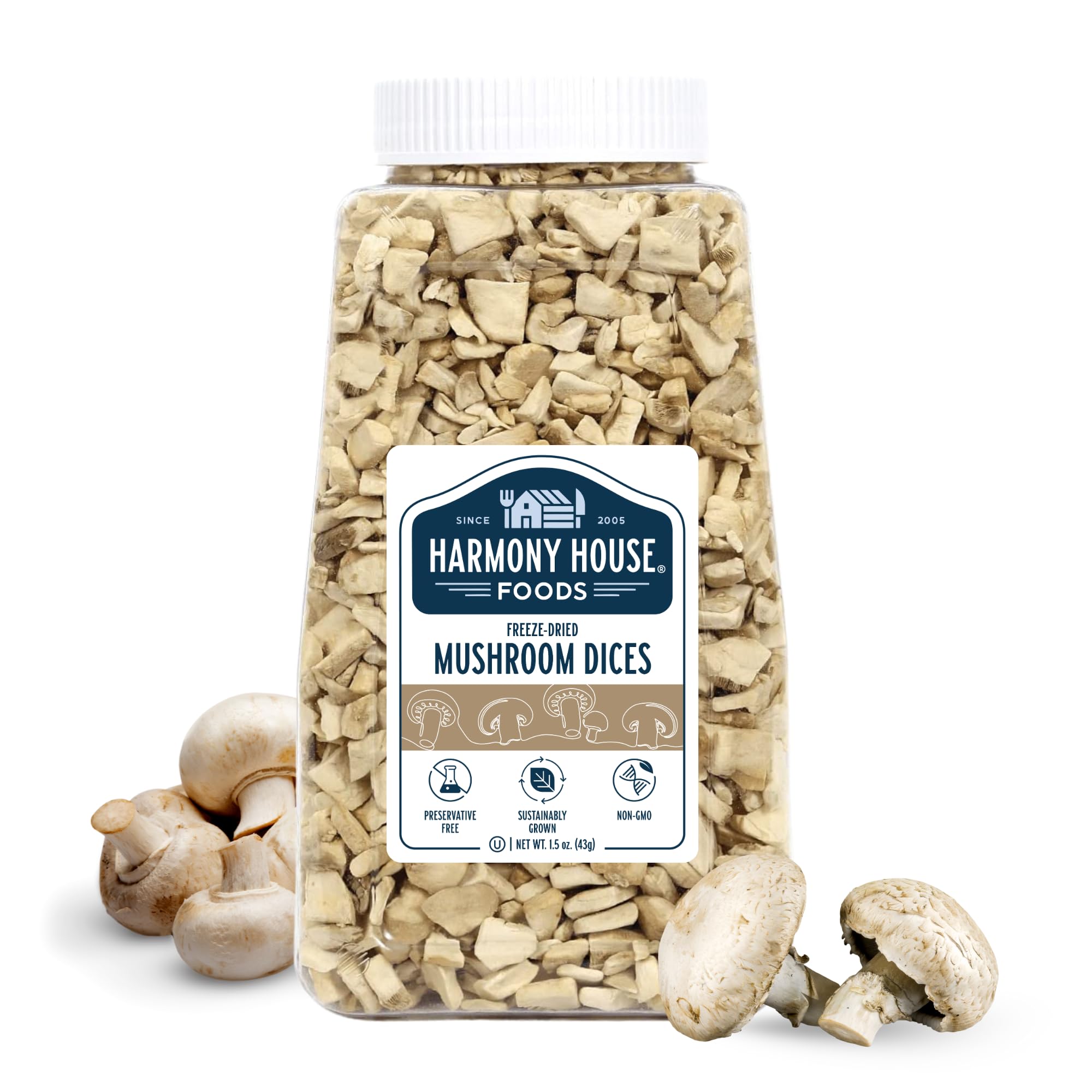 Harmony House freeze-dried mushroom dices in quart jar on pantry shelf for long shelf life