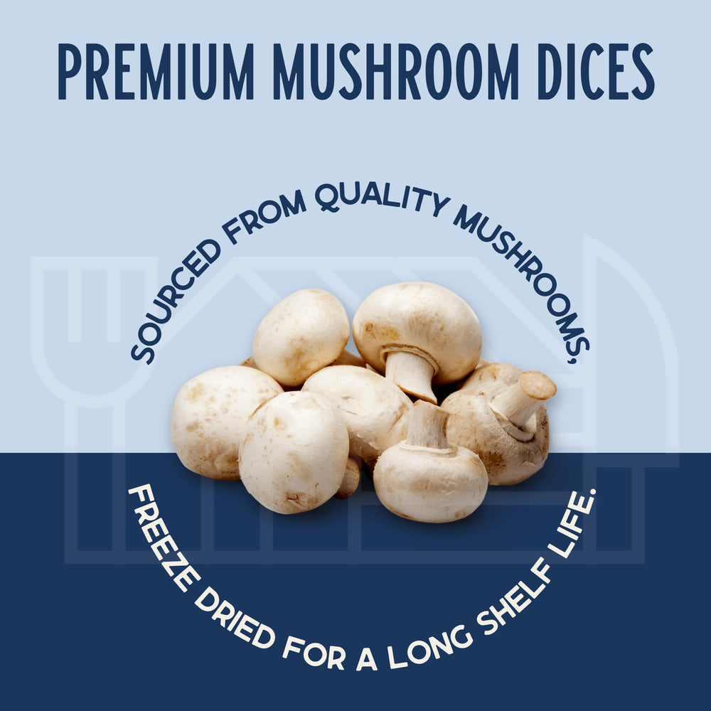 Mushroom dices poured from Harmony House jar into a pan for quick meals