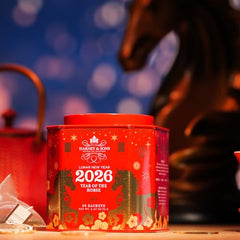 Harney & Sons Lunar New Year black tea brewing in a cup, rich flavor