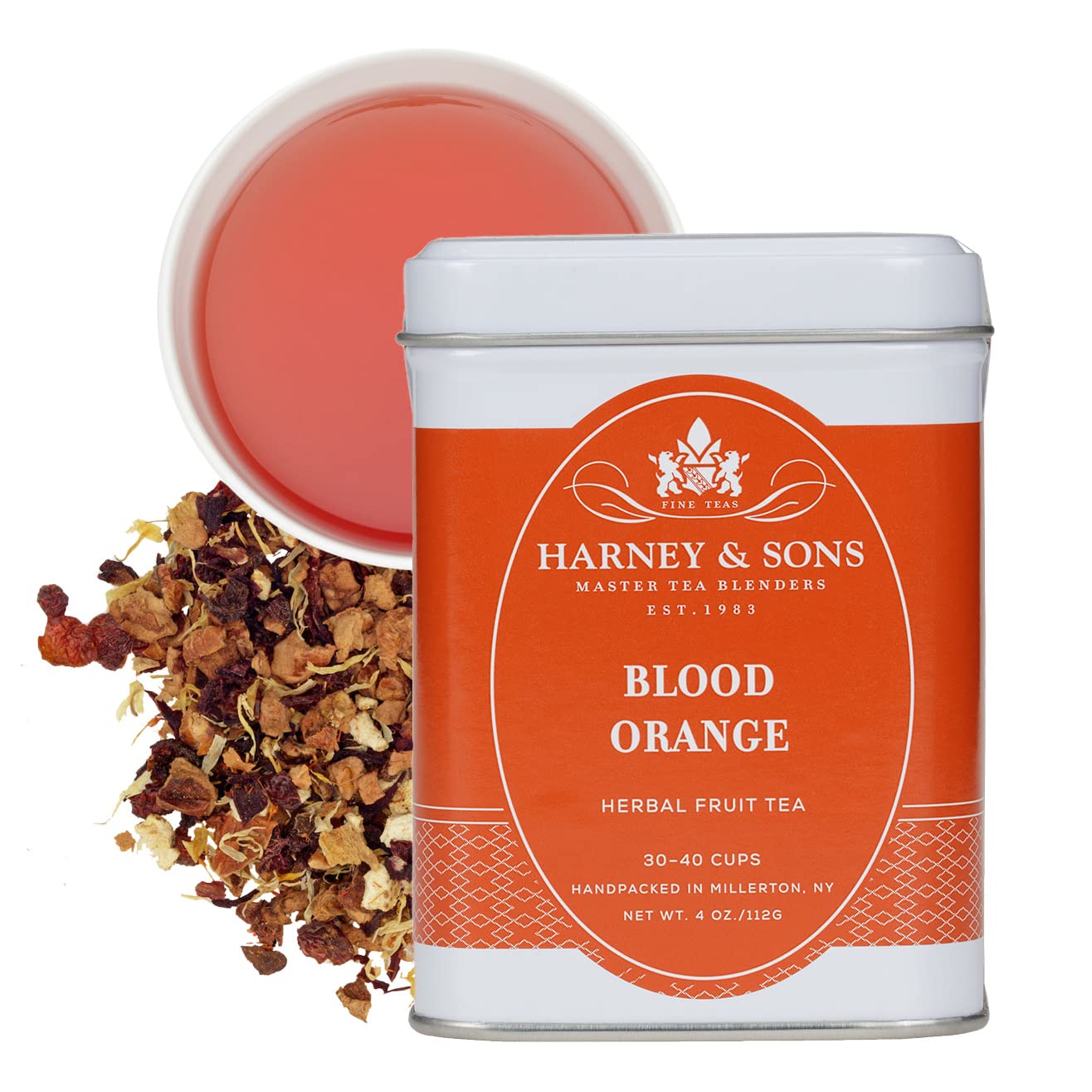 Harney and Sons Blood Orange Fruit Tea brew reveals a vivid orange hue and aromatic flavor.