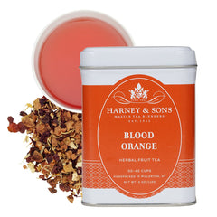 Harney and Sons Blood Orange Fruit Tea brew reveals a vivid orange hue and aromatic flavor.