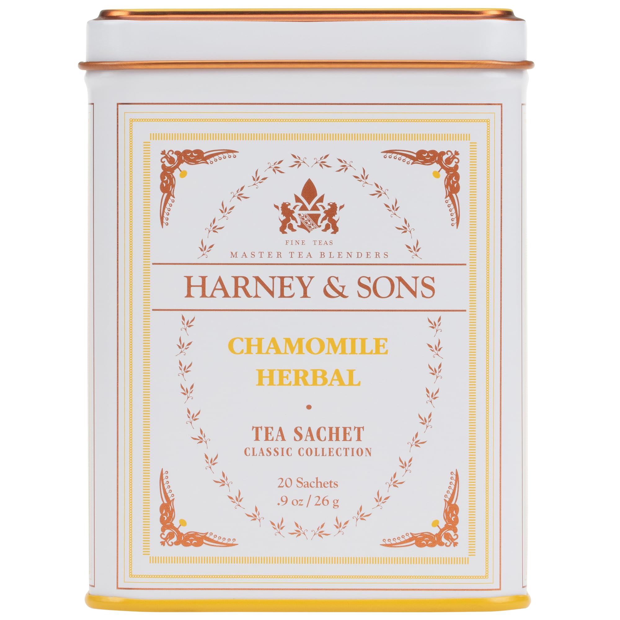 Harney & Sons chamomile tea tin with 20 sachets for a soothing 12-ounce cup.