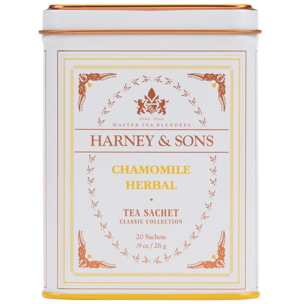 Harney & Sons chamomile tea tin with 20 sachets for a soothing 12-ounce cup.