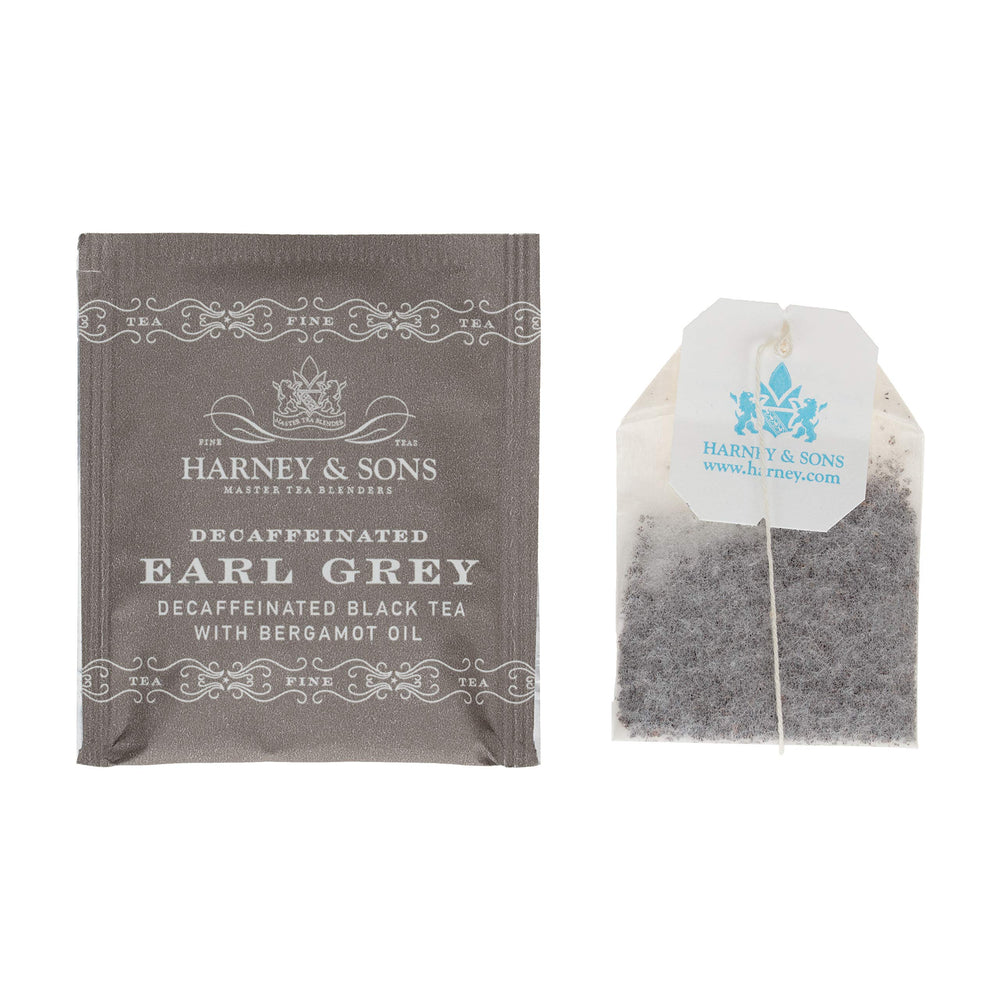 Harney & Sons Decaf Earl Grey tea bags closeup showing convenient 50-pack for daily breaks.