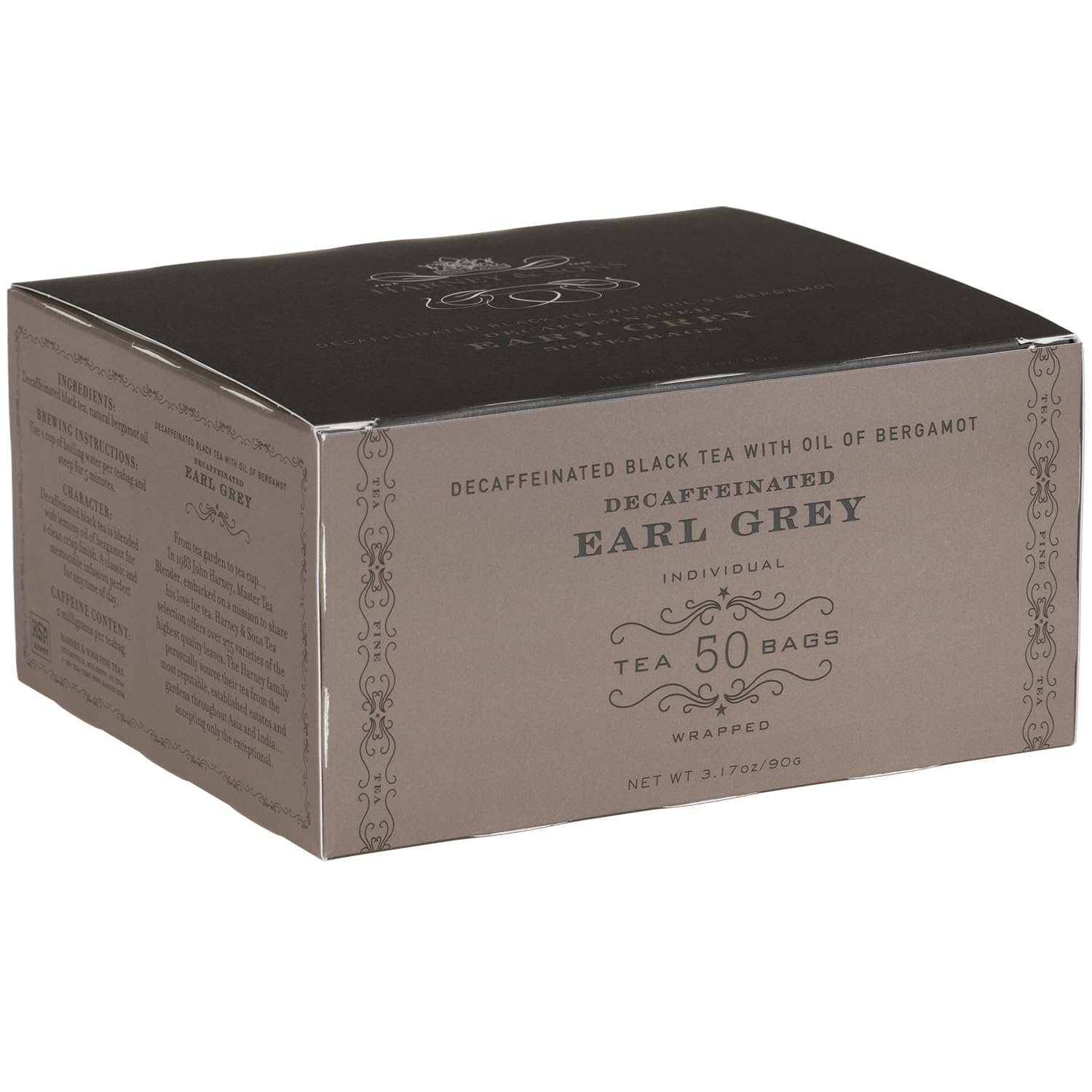 Harney & Sons Decaf Earl Grey tea box front with bergamot aroma for evening tea.
