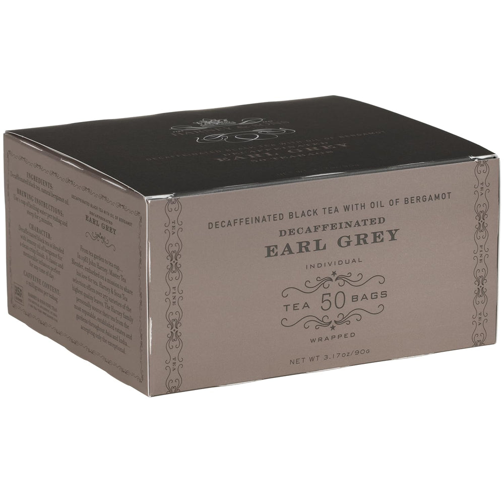 Harney & Sons Decaf Earl Grey tea box front with bergamot aroma for evening tea.