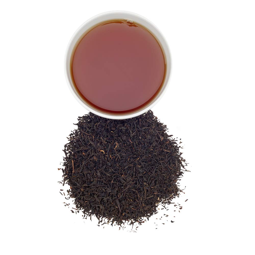 Harney & Sons English Breakfast brewing cup shows a robust hot tea.