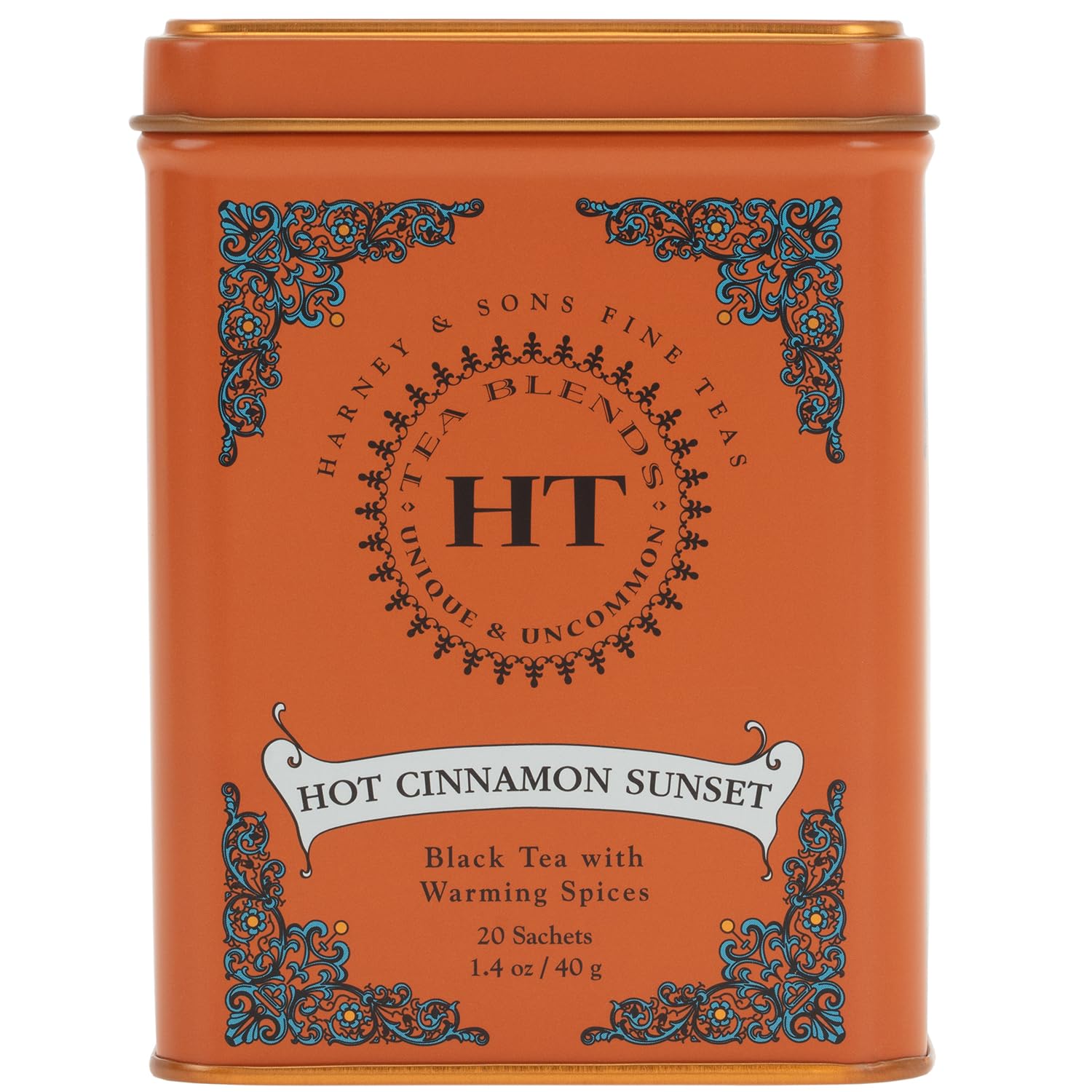 Harney and Sons Hot Cinnamon Sunset tea tin shows bold spice flavor.
