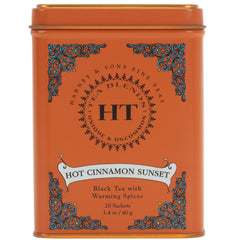 Harney and Sons Hot Cinnamon Sunset tea tin shows bold spice flavor.