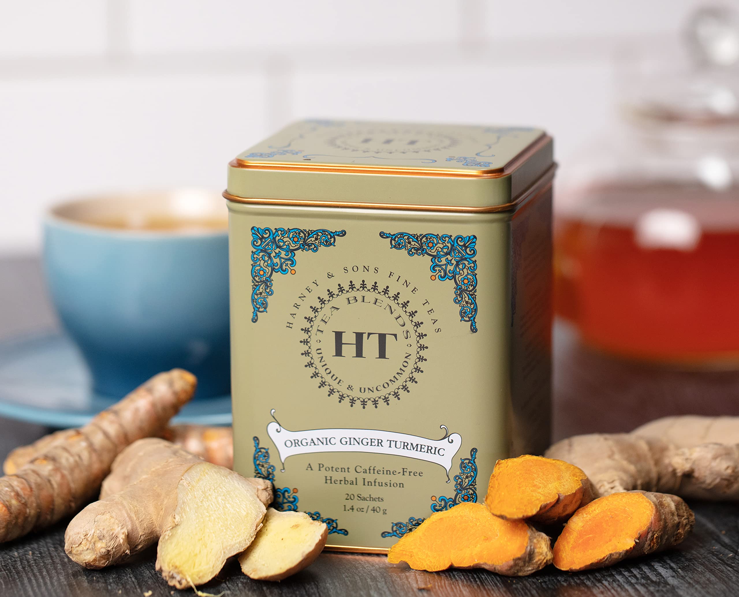 Harney & Sons HT organic ginger turmeric tea brewing hot with steam.