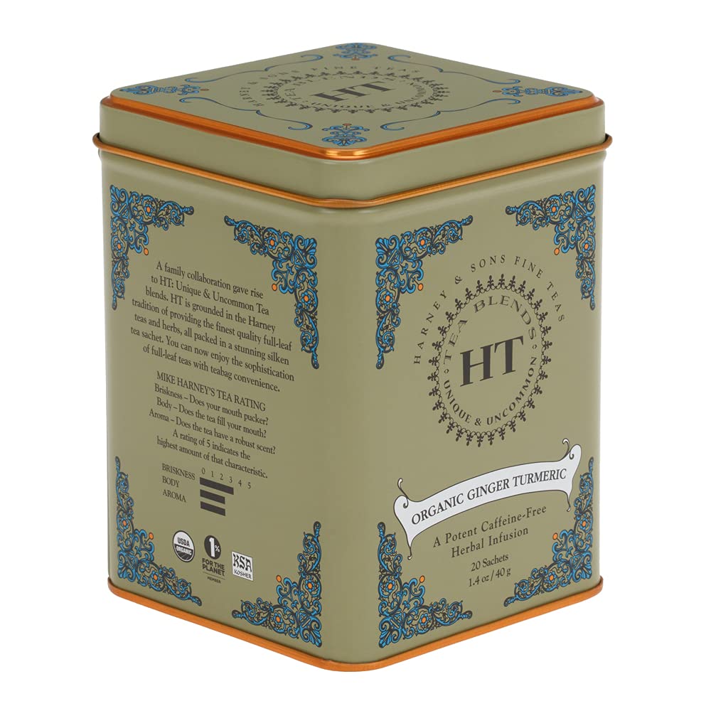 Harney & Sons HT organic ginger turmeric tea sachets in a tin for convenient brewing.