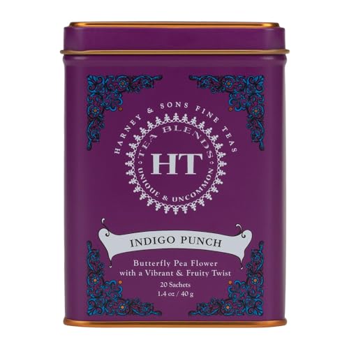 Harney & Sons Indigo Punch butterfly pea flower features a vibrant, color-rich brew.