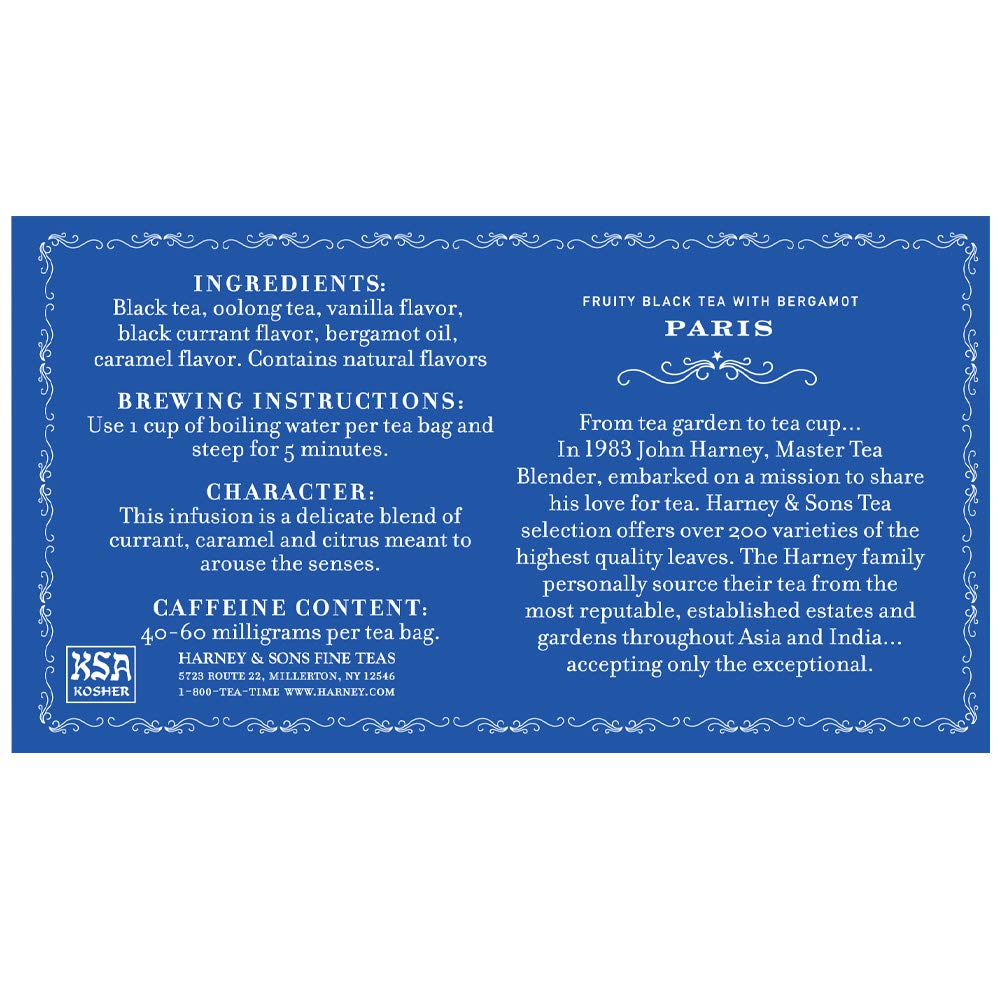 Harney & Sons Paris Black Tea—bergamot hint adds a citrus lift to aroma.