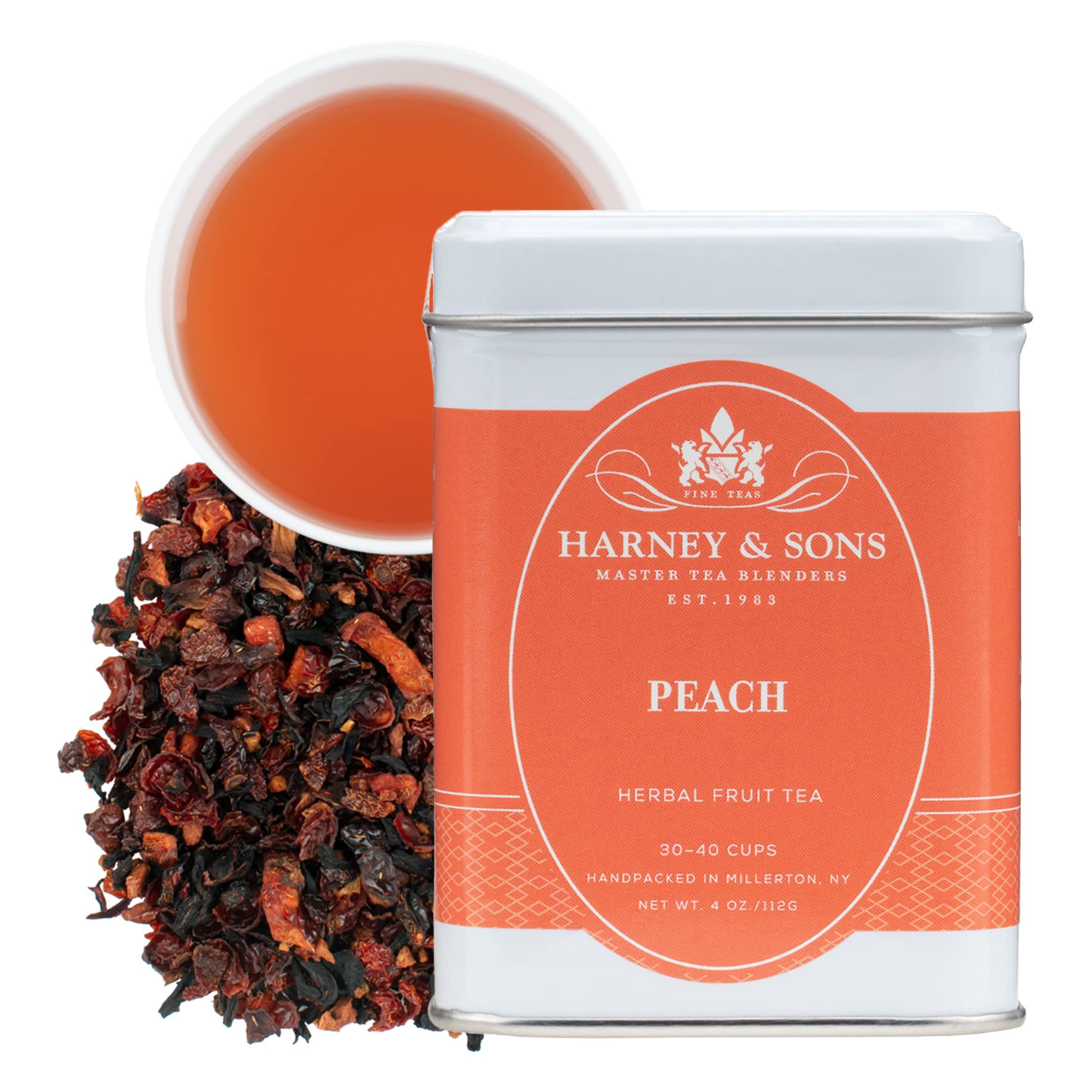 Harney & Sons Peach Fruit Tea iced glass, refreshing caffeine-free summer drink.