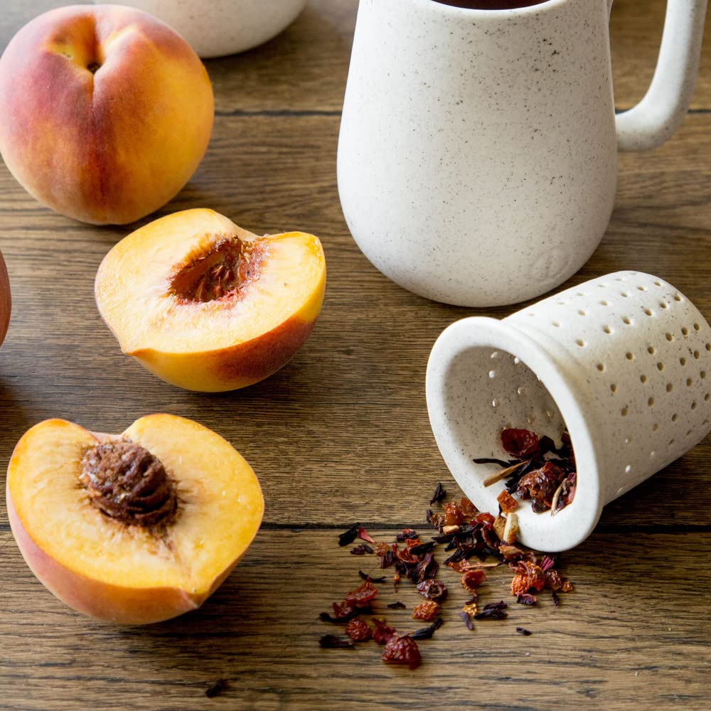 Harney & Sons Peach Fruit Tea ingredients: rosehips and hibiscus for vibrant flavor.