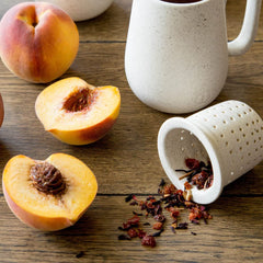 Harney & Sons Peach Fruit Tea ingredients: rosehips and hibiscus for vibrant flavor.