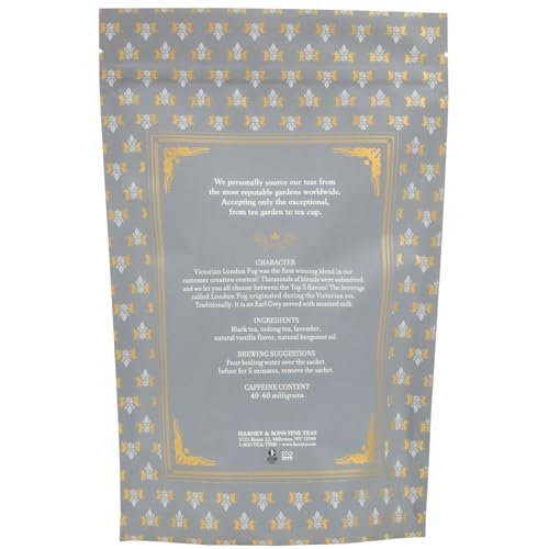 Harney & Sons Victorian London Fog brew highlights bergamot, vanilla, and lavender aromas.