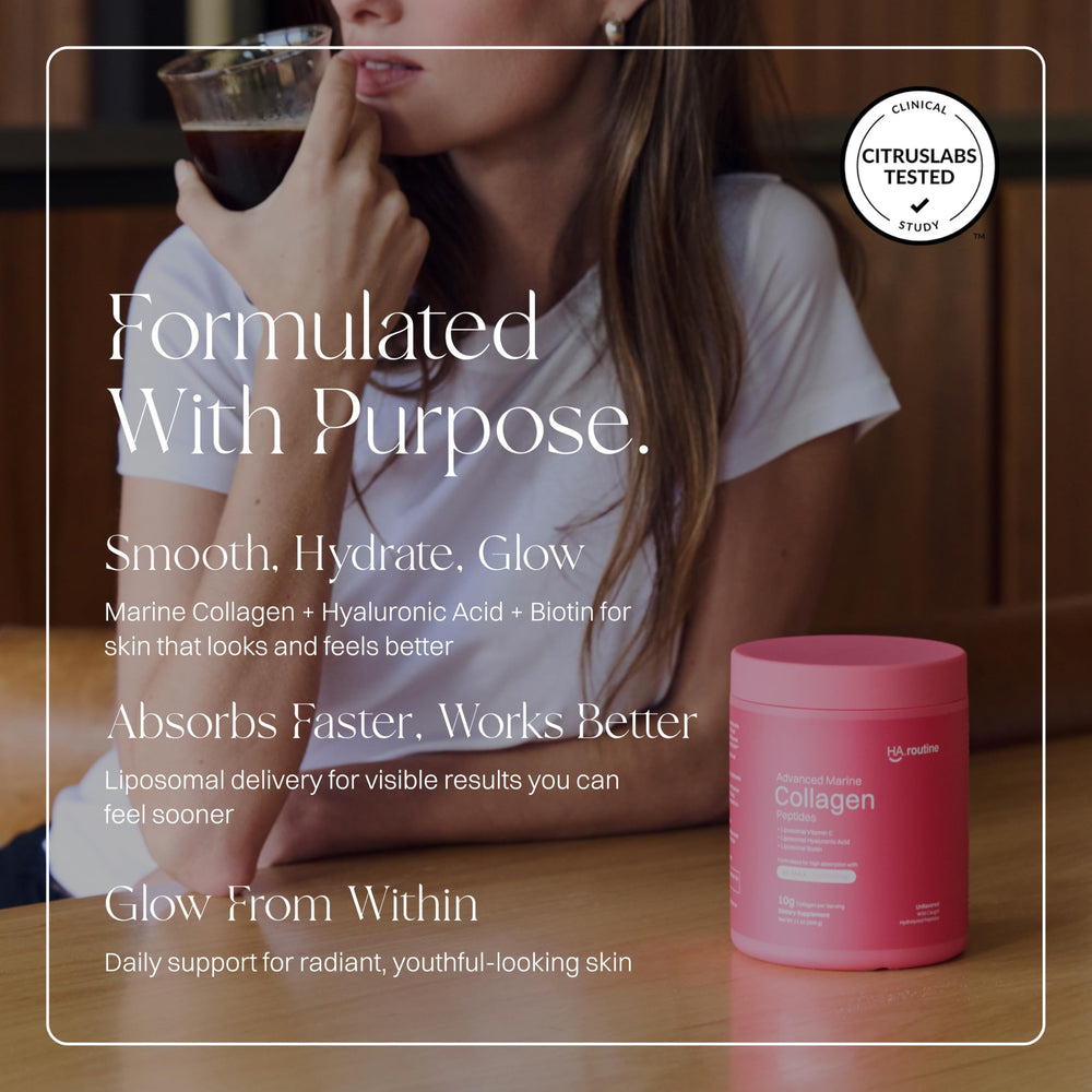 Collagen powder scoop being added to water demonstrates easy dissolution.